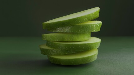 Poster - Stacked slices of a green apple on a dark green background.