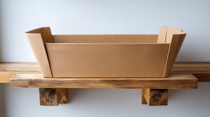 Aufkleber - Front view of a blank cardboard box resting on a rustic wooden shelf, showcasing its minimalist design perfect for product packaging mockups in a warm atmosphere