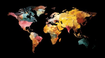 Poster - An abstract map features countries painted in vibrant colors, symbolizing the dynamic nature of our interconnected world against a dark backdrop