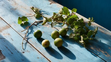 Aufkleber - Limes and a sprig of mint rest on a weathered wooden table, illuminated by soft morning light that accentuates the vibrant textures of the fruit and foliage
