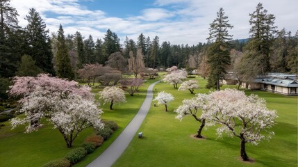 Aufkleber - A peaceful garden features a winding gravel path surrounded by colorful flowers and towering trees. Natural light enhances the tranquil outdoor beauty of the area