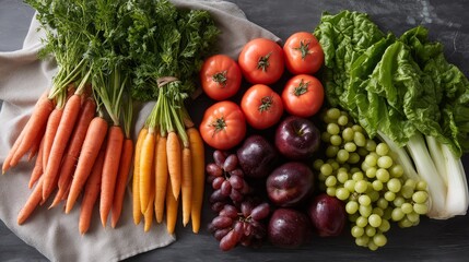 Aufkleber - A colorful display of fresh produce arranged on a dark slate surface showcases an assortment of carrots, tomatoes, lettuce, and grapes, highlighting their natural beauty