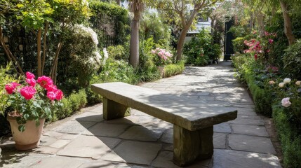 Aufkleber - A stone bench forms the centerpiece of a lush garden, surrounded by colorful flowers and dappled sunlight filtering through the trees, creating a serene atmosphere