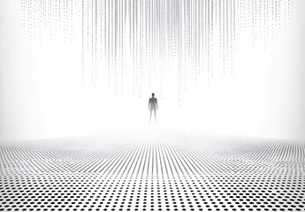 Aufkleber - A lone figure standing in a digitally rendered abstract landscape with binary code flowing down, representing technology and data.