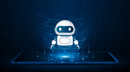 Aufkleber - Artificial intelligence robot on a tablet or smartphone. Modern technology. Intelligent assistant robot of the future world. Chatbot mascot on a blue background.	