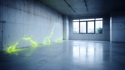 Poster - A wide-angle view showcases a cracked concrete wall enhanced with glowing neon green accents, creating a bold design element in an urban environment