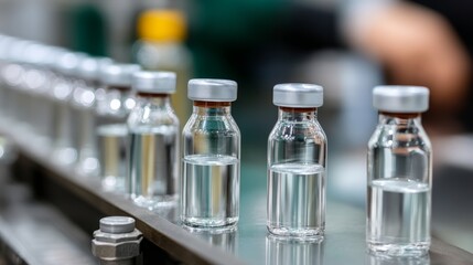 Poster - High-tech production line displays robotic arms filling and sealing glass vials, showcasing precision and innovation in medicine manufacturing