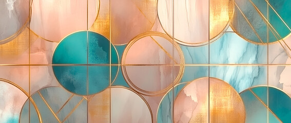 Poster - Abstract artistic illustration featuring watercolor circles with gold accents in shades of teal pink and white.