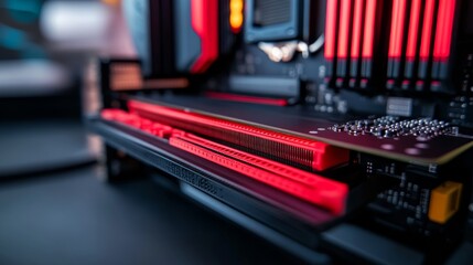 Aufkleber - This close-up reveals a detailed computer motherboard showcasing its complex circuitry, vibrant capacitors, and connectors, all illuminated against a dark backdrop