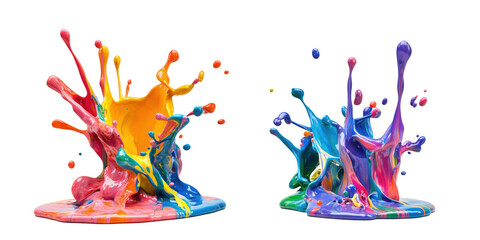 Poster - Colorful paint splashes creating vibrant abstract art on white background, isolated on transparent background, png