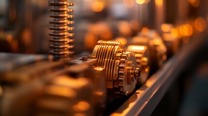 Poster - Golden metallic gears interlock on a dark industrial background, revealing complex mechanical designs and textures. The warm lighting accentuates the details
