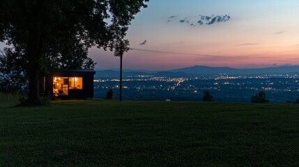 Poster - Warm light spills from large windows of a modern home, creating an inviting atmosphere at dusk, as the vibrant city lights twinkle in the background