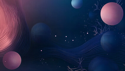 Aufkleber - Abstract background featuring a deep space theme with floating spheres, wavy lines, and delicate floral accents ideal for design projects.