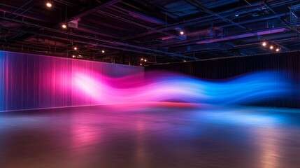 Poster - Neon blue and pink light trails swirl energetically through a dark, modern environment, evoking a thrilling sense of high-speed data flow and connectivity