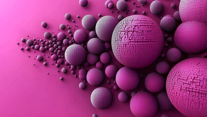Poster - Abstract 3d illustration featuring an array of textured spherical shapes in various sizes arranged dynamically on a vibrant pink background.
