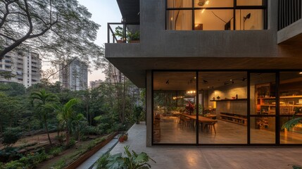 Aufkleber - Light streams through large windows of a modern concrete house, blending indoor spaces with the serene garden as twilight fades