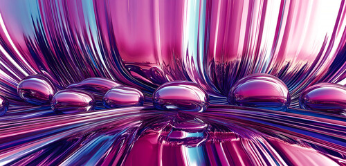 Aufkleber - Abstract rendering of a metallic surface with reflective spheres and fluid colorful shapes in a vibrant composition.