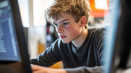 Poster - a young academic working on a complex coding project with deep focus.