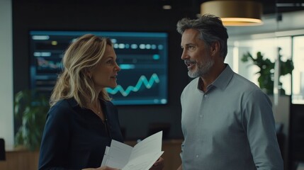 Poster - Two business executives are discussing key documents in a sleek high-tech boardroom while a digital display highlights various graphs and charts