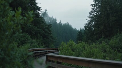 Aufkleber - A tranquil wooden bridge disappears into the mist of a lush green forest, inviting exploration and evoking peace in the serene atmosphere