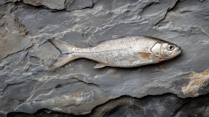Poster - Freshly caught silver fish on dark stone background.