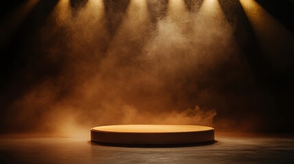 Poster - Gold podium platform stands in a dark environment, illuminated by soft spotlight beams, surrounded by swirling smoke creating a dramatic atmosphere for presentations