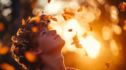 Fototapete - A person with a crown of wildflowers looks upward at the golden hues of sunset, their face glowing amidst softly falling petals and a dreamy ambiance in nature