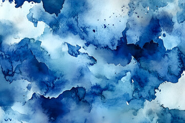 Poster - Abstract watercolor artwork displaying fluid blues and whites with detailed paint splatters and textured paper for creative backgrounds