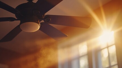 Poster - Sunlight streams through the window, illuminating a rotating ceiling fan and making dust particles dance, creating a peaceful indoor vibe