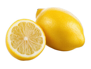 Poster - Fresh yellow lemon with sliced half showcasing juicy interior and textured skin, isolated on transparent background, png