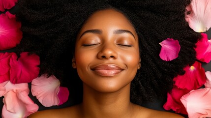Aufkleber - A woman peacefully relaxes with her eyes closed, her hair adorned with scattered flower petals, illuminated by soft natural light that enhances her tranquil expression