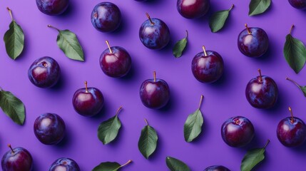 Poster - Flat lay of plums and leaves arranged on purple background.