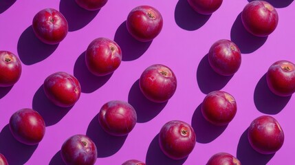 Poster - Red plums arranged in a repeating pattern on a vibrant purple background.
