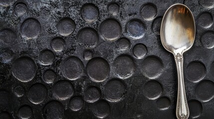 Poster - Silver spoon rests on a dark textured surface with circular indentations.