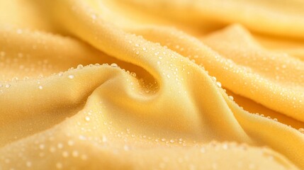 Poster - Close-up view of raindrops resting on a vibrant yellow raincoat, highlighting the fabric's texture and sparkling reflections under the light