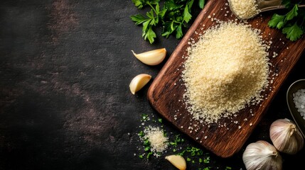 Aufkleber - Finely ground garlic seasoning is scattered beside whole dried garlic bulbs and herbs on a dark rustic cutting board, creating a rich culinary atmosphere