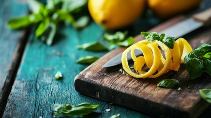 Poster - Close-up of a lemon peel spiral resting on a rustic wooden board alongside fresh herbs and a knife, showcasing the beauty of natural ingredients in cooking