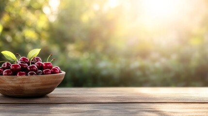 Leinwandbilder - A bowl of ripe cherries rests on a weathered wooden table with scattered leaves, surrounded by a softly lit garden that enhances the scene's fresh appeal
