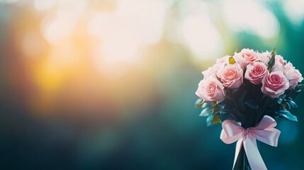 Poster - A bouquet of pink roses tied neatly with a ribbon glows in soft natural light, set against a blurred pastel background perfect for romantic occasions and celebrations