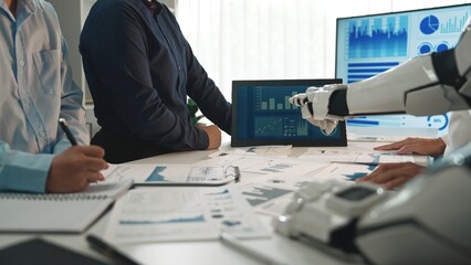 Poster - a business team engages in a meeting featuring artificial intelligence technology. interactive chart