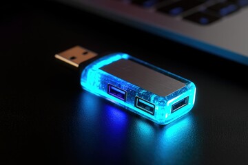 Poster - Bright blue USB hub connected to a laptop on a dark surface during nighttime
