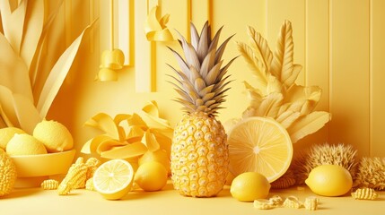Poster - Vibrant yellow pineapple and lemons on yellow background with stylized leaves and pasta.