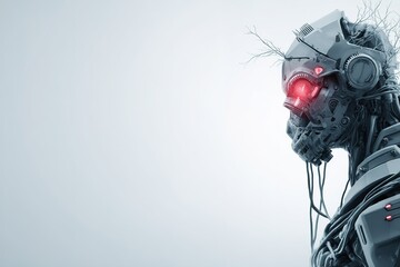 Poster - Futuristic humanoid robot with glowing red eyes and intricate wiring against a minimal background