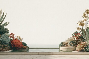 Poster - Serene garden setting with a tranquil water feature amidst vibrant succulents and flowers on a sunny day