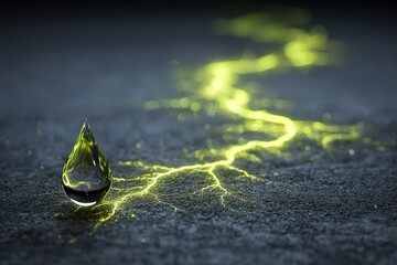 Poster - Raindrop on textured surface with glowing trail and dark background at night creating a captivating visual effect
