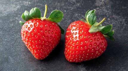 Poster - Two ripe, red strawberries with green leaves on a dark background. (1)