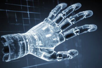 Poster - Advanced robotic hand showcasing intricate mechanical details and design features in a futuristic setting
