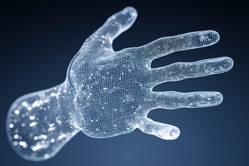 Poster - Digital hand model showcasing intricate mesh design illuminated with glowing particles in a dark background
