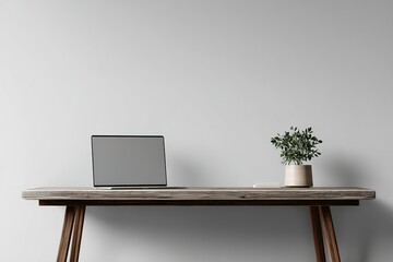 Poster - Modern workspace featuring a laptop and a small plant on a minimalist desk against a neutral wall backdrop