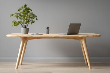 Poster - Modern wooden desk setup with a laptop and plant in a minimalist workspace